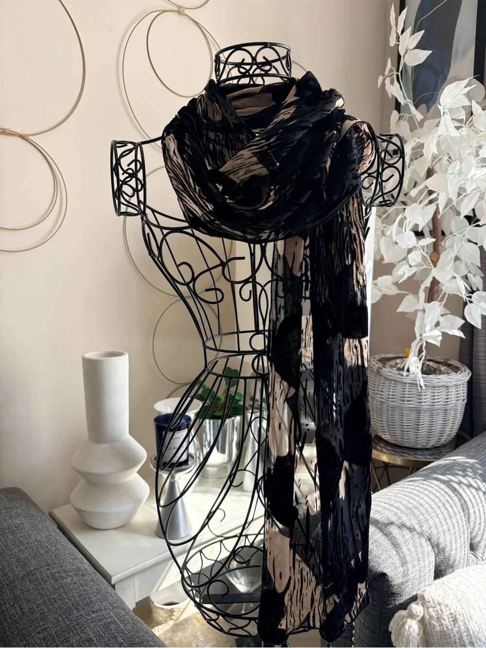 Black Beige Sheer Beaded Burnout Scarf 13 x 60
